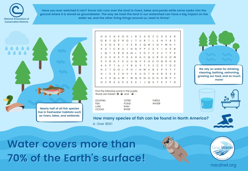 Product Description: This is a960 KB PDF file for local printing. After the order is placed, the link to the PDF file will be sent to the customer.To purchase printed 2023Stewardship materials please visit theGoetz Printing storefrontto “print-on-demand” high-quality materials.Great community outreach product for schools, local restaurants, senior centers, annual meetings and more. It serves as a placemat or as an activity sheet. Twosided 9 x 13. Fun activities based on the topic of water and watersheds.</br> One Water Placemat/Activity Guide (Primary)