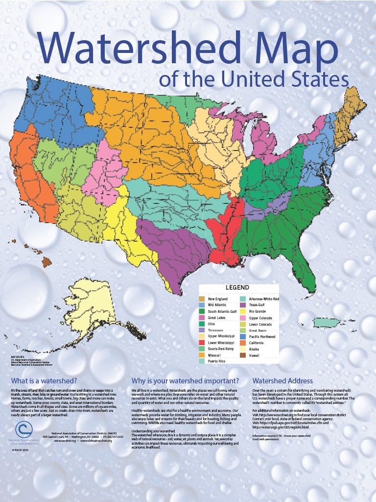 Product Description: This is a287 KB PDF file for local printing. After the order is placed, the link to the PDF file will be sent to the customer. Colorful design,great for classrooms, offices and locations to show the various watersheds in the United States.</br> 2023 Watershed Map