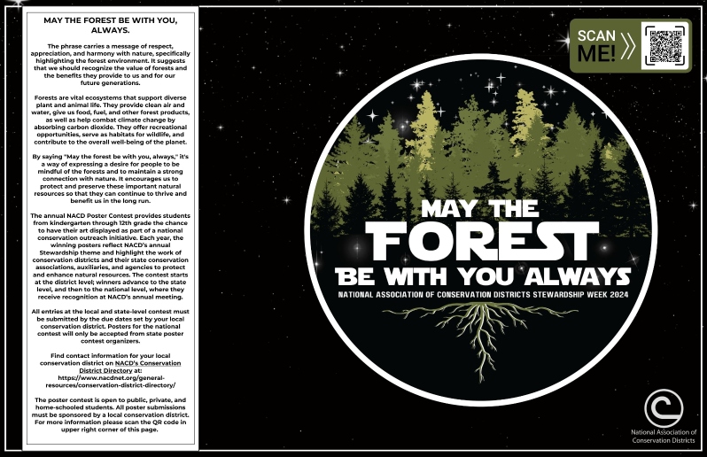 Product Description: "Take a hike!" and step into the world of forestry conservation with our engaging activity mat designed for intermediate students! This 11x17-inch mat is packed with fun and educational content, including a forest match-up card game, a maze, tree trivia to test your knowledge, and a few fun forest facts!</br></br>But that's not all! Learn about conservation districts and their vital role in protecting our environment. Get creative with an art and literature activity where you can design your own forest fire warning sign. Discover the fascinating samaras, those little helicopter-like seeds from maple trees, and why they're important.</br></br>On the front cover, you'll find the 2024 Stewardship Week logo, along with the story behind the phrase "May the Forest be with You, Always," andinformation about our poster contests. Plus, there's space for your local district to add its label, making this activity mat a fantastic resource for schools and community groups to explore the wonders of forestry conservation.</br></br>If you find the ink on the front is too heavy for print, printing one-sided is a great option. Also, see the black and white prints available in 2024 Education Materials catalog.</br> 2024 Activity Mat Intermediate
