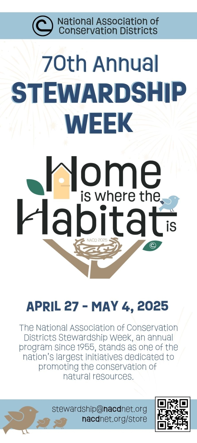 Product Description: This is a PDF file for digital use and personal printing. After the order is placed, the link to the PDF file will be sent to the customer. For recipients with nacdnet.net email addresses, we kindly request that you add stewardship@nacdnet.org to your safe senders list to ensure seamless receipt of your download link. Should you be unable to access these settings, please feel free to send an email to stewardship@nacdnet.org with the subject line "safe sender," and our team will respond. This should help correct any email filter issues.</br></br>This rack card is the perfect promotional toolto advertise Stewardship Week in your district office, local schools, or at conservation events!</br> 2025 Rack Card
