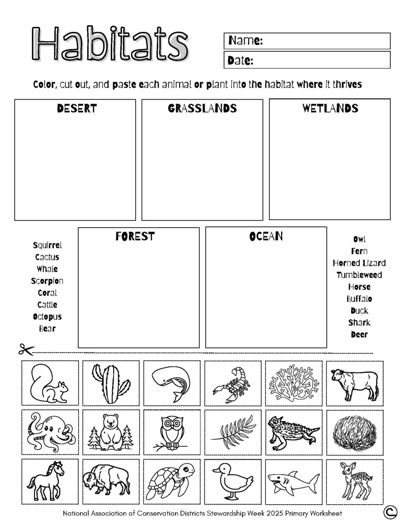 Product Description: This is a PDFfile for digital use. After the order is placed, the link to the PDFfile will be sent to the customer. For recipients with nacdnet.net email addresses, we kindly request that you add stewardship@nacdnet.org to your safe senders list to ensure seamless receipt of your download link. Should you be unable to access these settings, please feel free to send an email to stewardship@nacdnet.org with the subject line "safe sender," and our team will respond. This should help correct any email filter issues.</br></br>This cut & paste worksheet is ideal for primary age students (K-2), to help teach them about different habitats!</br> 2025 Habitats Primary Worksheet