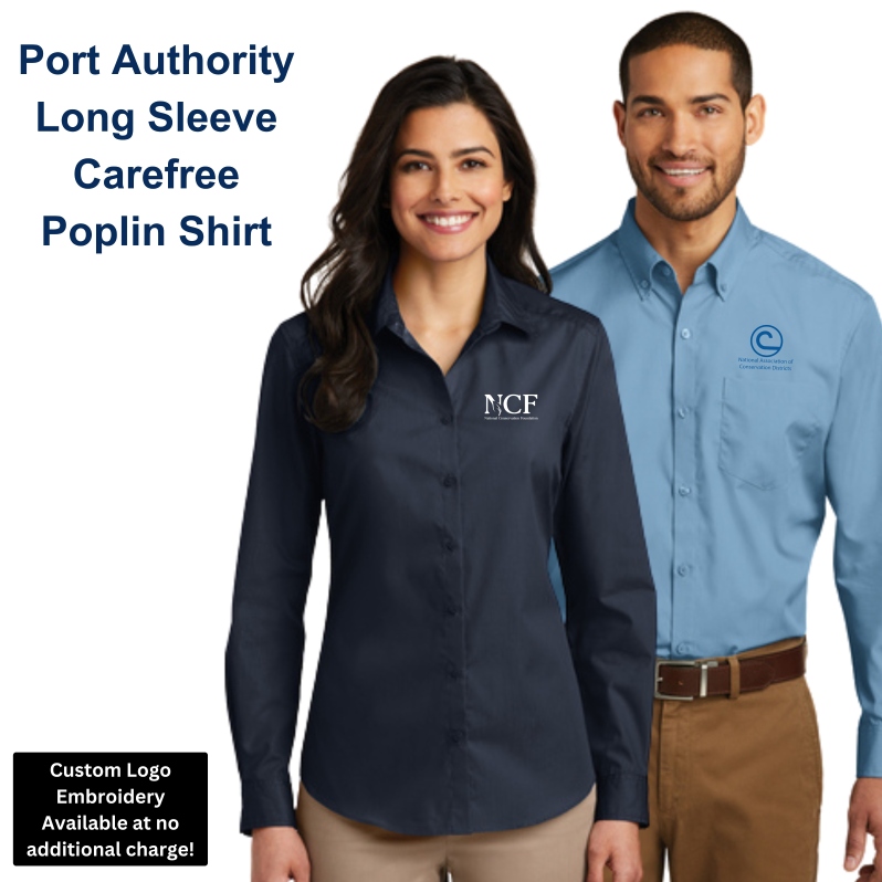Product Description: Click "More Images" above and expand window for additional photos!</br></br>We deeply value you as a customer and conservation partner.Once your order is placed, we will begin the customization process promptly. Please note that newly submitted logos may require additional time for embroidery or engraving setup, as well as a quality check. If we already have your logo on file or you have ordered previously, your order will typically be processed and shipped within a week. All items will be shipped directly from Bass Pro/Cabela's.</br></br>We are committed to ensuring your order is accurate and meets your expectations. To help us achieve this, please provide all necessary details such as sizes, colors, and other specifications. While we strive to keep all Marketplace items in stock, if availability is limited, our team will work to resolve any issues and ensure your satisfaction.</br></br>Custom Logo?Email it to us atstewardship@nacdnet.org</br></br>Lightweight and breathable, our cotton-rich shirts keep their professional edge thanks to a stain-release finish, which releases stains during washing. Budget-friendly and durable, these virtually carefree shirts feature an Easy Care blend and finish.They also color-coordinate with our Core Classic Pique styles for seamless uniforming.</br></br>3.3-ounce, 55/45 cotton/poly</br>Easy Care</br>Stain release</br>Breathable</br>Dyed-to-match buttons</br>Button-down collar</br>Back box pleat</br>Left chest pocket (mens)</br>Rounded adjustable cuffs</br></br>Ladies Size Guide and Product Specifications</br></br>Mens Size Guide and Product Specifications</br></br>Important information about pricing:At the NACD Marketplace, we do not inflate prices to meet the highest price point; you will find that prices vary based on product size, reflecting the actual cost of the product.</br> Port Authority Long Sleeve Carefree Poplin Shirt