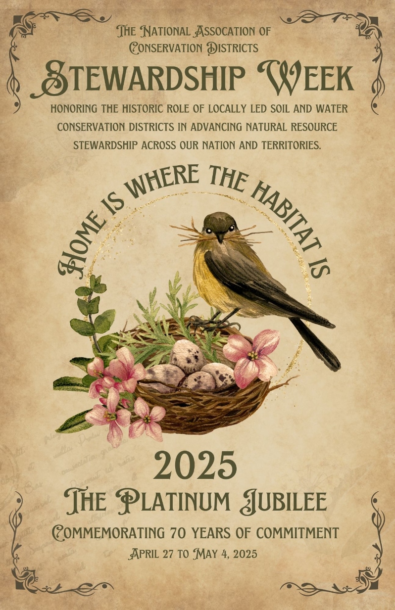 Product Description: 2025 NACD Platinum Jubilee Collector Poster</br></br>Celebrate 70 Years of Conservation Commitment</br></br>Honor the legacy of locally led conservation with the 2025 NACD Stewardship Collector Poster, featuring this year’s theme, “Home is Where the Habitat Is.” Designed as a timeless keepsake, this 11" x 17" glossy print on 80+ lb premium paper makes a striking addition to any office, classroom, or home.</br></br>Details:</br></br>Limited-edition fundraiser poster</br></br>Size: 11" x 17"</br></br>Material: Glossy print on 80+ lb premium paper</br></br>Stewardship Week: April 27 – May 4, 2025</br></br>Price: $20.00 +Shipping: $5.00</br></br>Support Conservation Education</br>Proceeds directly support NACD’s education programs, providing valuable resources for conservation districts nationwide.</br></br>Order Now at the NACD Marketplace</br>Visit NACD Marketplace</br></br>This Platinum Jubilee edition poster is available for a limited time. Order while supplies last.</br> 2025 Fundraiser Poster