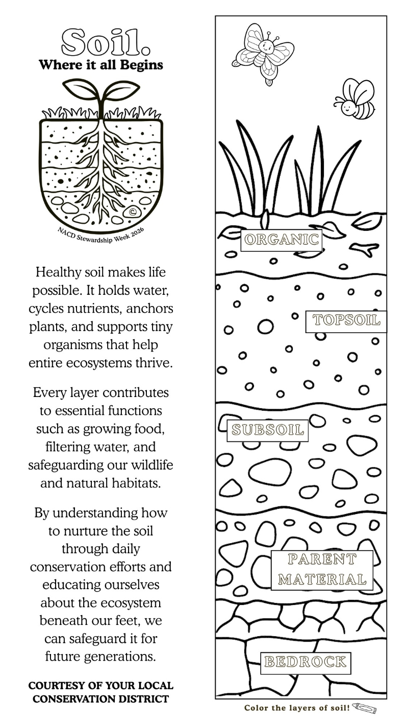 Product Description: This is a PDF file for digital use and personal printing. After the order is placed, the link to the PDF file will be sent to the customer. For recipients with nacdnet.net email addresses, we kindly request that you add stewardship@nacdnet.org to your safe senders list to ensure seamless receipt of your download link. Should you be unable to access these settings, please feel free to send an email to stewardship@nacdnet.org with the subject line "safe sender," and our team will respond. This should help correct any email filter issues.</br> 2026 Color-In Bookmark