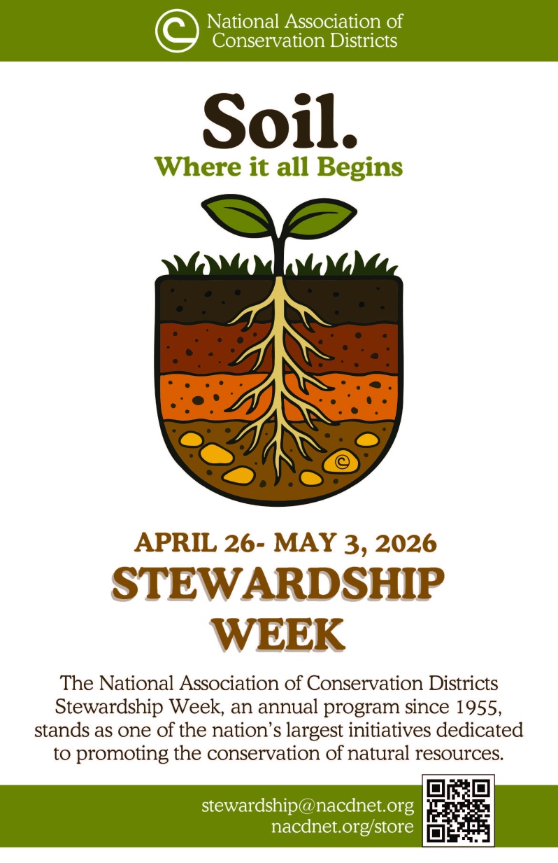 Product Description: Two (2) Options Poster Download File</br></br>Celebrate Stewardship Week 2026 with this year’s theme, Soil. Where It All Begins. Since 1955, NACD’s Stewardship Week has been one of the nation’s largest annual conservation observances, highlighting the vital role of local conservation districts in protecting our natural resources. Two poster designs are available to help districts, schools, and communities share the message of soil conservation in a way that fits their outreach style. Perfect for classrooms, displays, and community events held April 26–May 3, 2026.</br> 2026 Stewardship Week Poster