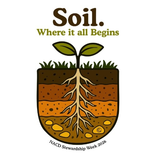 Product Description: 2026 NACD Stewardship Week Logo. </br></br>Soil. Where It All Begins.</br></br>This year’s Stewardship Week logo celebrates the life-giving power of soil, showing that everything begins with what is beneath our feet. The design connects soil to food, water, habitats, and communities, reminding us that conservation starts from the ground up. Districts and partners can download and use this logo to promote the 2026 Stewardship Week theme, Soil. Where It All Begins, and inspire awareness and action through local education and outreach.</br> 2026 Stewardship Theme Logo