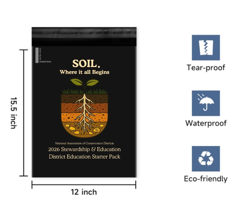 Product Description: District Education Kit – Classroom Pack</br>2026 Stewardship Theme: “Soil. Where It All Begins”</br></br>Bring soil science and conservation to life in the classroom with this District Education Starter Pack. Each pack includes printed educational materials and outreach tools designed to teach, inspire, and promote your local district during NACD Stewardship Week 2026.</br></br>Starter Pack:Perfect for classroom visits, small group instruction, or district tabling events, the Starter Pack includes a curated set of printed outreach and education materials to support lessons on soil and stewardship.</br></br>Includes:</br>• 1 Instructor Guide – Full lesson plan on soil formation and conservation education</br>• 25 Student Journals – Soil-focused activity booklets exploring soil layers, life in the soil, and hands-on investigations</br>• 25 Activity Placemats – Foldable classroom mats with root buddy and soil health activities</br>• 25 Coloring Pages – Soil. Where It All Begins. themed coloring sheets for art-based learning</br>• 5 Stewardship Week Posters – Posters for classroom or event display</br>• 25 Rack Cards – Promote district activities and community engagement during Stewardship Week</br>• 25 Save the Date Postcards – Highlight April 26–May 3, 2026, and share your district’s participation</br>• 5 Thank You Cards – For volunteers, educators, and partners supporting your district’s outreach</br>• 100 Stewardship 2026 Logo Stickers – Soil. Where It All Begins. edition (not permanent vinyl)</br></br>ADD PROBE* $20.00</br></br>Full Classroom Pack:Ideal for schools or larger outreach programs, the Full Classroom Pack expands the Starter Pack to serve 100 students and includes additional supplies for field-based and interactive lessons.</br></br>Includes:</br>• 1 Instructor Guide – Comprehensive lesson plan covering soil formation, layers, and conservation principles</br>• 100 Student Journals – Full-color student workbooks with activities exploring soil composition, structure, and stewardship</br>• 100 Activity Mats – Interactive placemats featuring soil health games and root growth hands on project</br>• 100 Coloring Pages – Themed coloring sheets for art-based learning or coloring contests</br>• 5 Stewardship Week Posters – Large-format displays for Marketing</br>• 5 Rack Cards – Outreach tools promoting district activities and community engagement</br>• 5 Save the Date Postcards – Highlight April 26–May 3, 2026, and your district’s participation</br>• 5 Thank You Cards – To recognize teachers, volunteers, and partners</br>• 1 12" Soil Probe – Durable hands-on tool for soil demonstrations and field observation, and soil layers activity</br>• 150 Student Bags – for Root Buddy project and soil sampling</br>• 1 Hole Punch – For student hands on projects</br>• 1 Storage Box – Sturdy packaging for easy transport and long-term storage</br></br>Purpose and Use</br></br>Both kits are designed to help conservation district educators and partners lead lessons, engage classrooms, and promote the 2026 Stewardship theme through soil science and conservation education. Materials align with NACD’s national message and provide consistent branding for outreach and classroom presentations.</br></br>Theme Focus</br></br>“Soil. Where It All Begins.” highlights the foundation of all life—soil. The 2026 theme connects conservation learning from farms and forests to city parks and backyards, encouraging students to explore how soil sustains food, water, and habitats.</br></br>Packaging and Shipping</br></br>Starter Packs are shipped in durable double-layer mailing bags. Full Classroom Packs are boxed for extra protection and include supplies for 100 students. All education kits are shipped via USPS Media Mail to keep costs affordable for districts. Need your kit sooner? Contact stewardship@nacdnet.org to request expedited shipping.</br> 2026 District Education Starter Pack